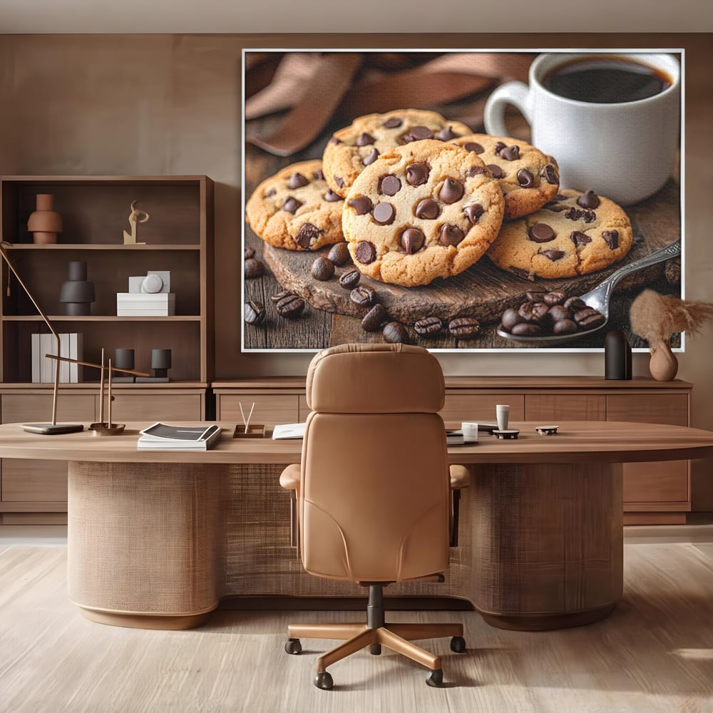 Tablou canvas cu tablou canvas cu fursecuri si cafea, in rama de aluminiu argintiu, pe perete intr-un birou